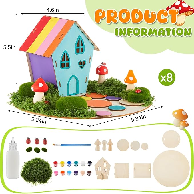 Kathfly 8 Sets Wooden Fairy House Craft Kit, Fairy Garden Kit with Paints & Decorations, Unpainted Miniature Accessories for Home Event Party Decor, Arts Crafts Birthday Gift