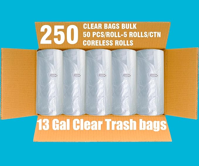 Trash Bags 13 Gallon, 250 Count Bulk, Clear Plastic Recycling Garbage Bags, Multi-purpose Tall Kitchen Trash Bags Can Liners for Business Home Commercial and Industrial
