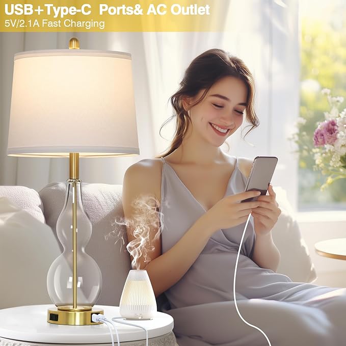 27.5" Clear Glass Table Lamp Set of 2, 3-Way Dimmable Touch Control Bedside