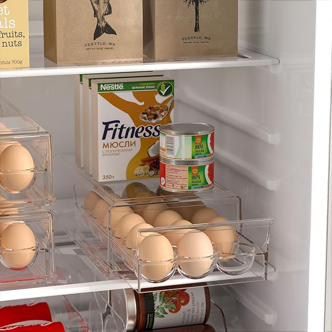 Egg Storage for Refrigerator, Stackable 18 Egg Holder for Fridge, BPA Free Refrigerator Organizer Bins, Transparent Egg Dispenser