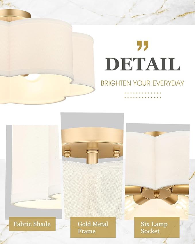 Gold Semi Flush Mount Ceiling Lights, 6-Light 18Inch Ceiling Light Fixtures