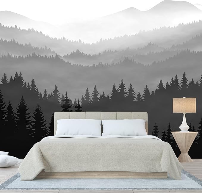 WFBHUA-Black and White Forest Mountain Wallpaper Gray Woodland Nature Landscape Wall Paper Mural for Bedroom Living Room(Not Peel and Stick)