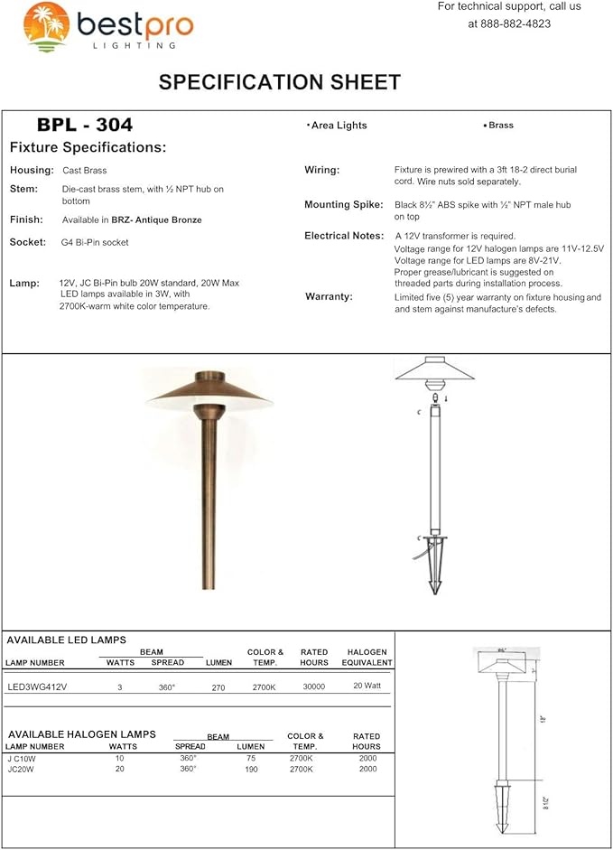 BestPro Lighting 12V Landscape Lighting 3W LED Brass Pathway Light