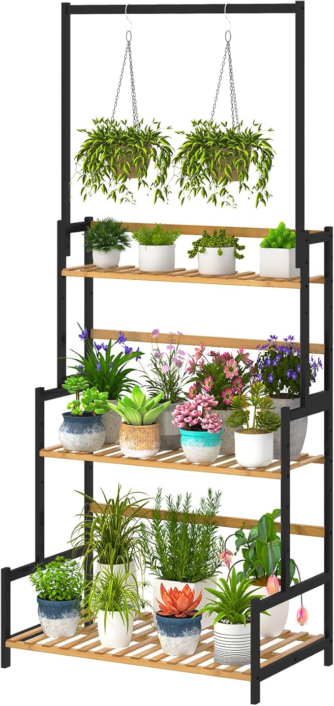 Ufine Bamboo Hanging Plant Stand 3 Tier Ladder Shelf with Hanging Rod Height Adjustable Flower Pot Display Organizer for Balcony Porch Living Room
