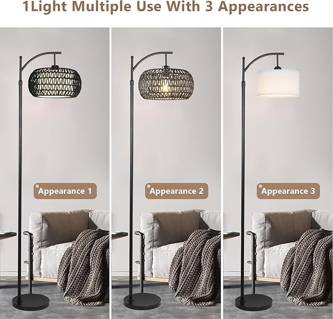Arc Floor Lamp with 3 Color Temperatures, Boho Standing Lamp with Rattan Wicker
