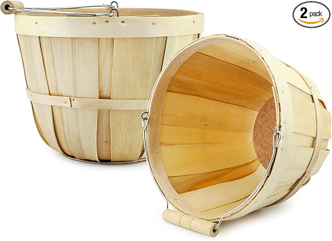 Cornucopia Brands Round Wooden Baskets (2-Pack, Natural); Wood Fruit Buckets w/Handle, 4-Quart Capacity; 6.1 Inch Tall by 8 Inch Diameter