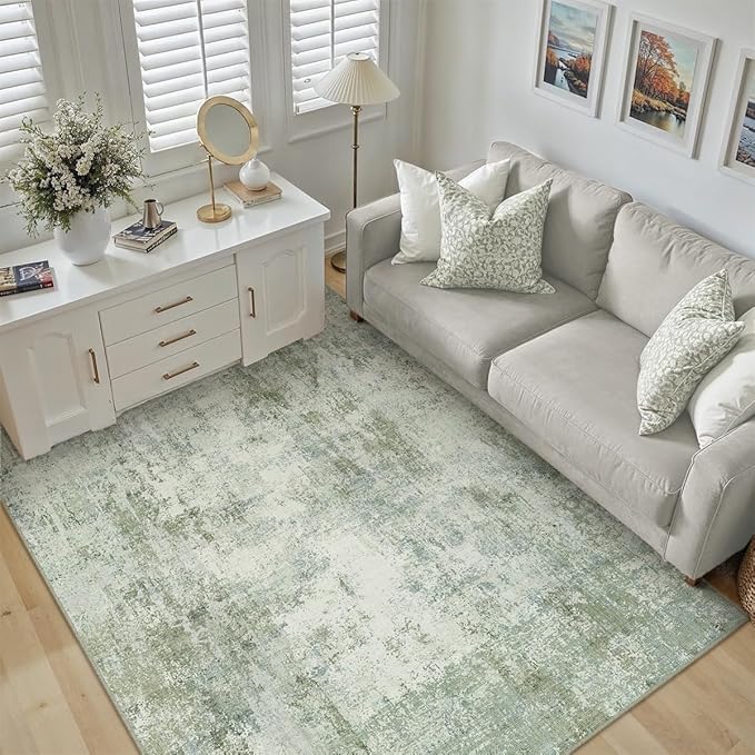 6x9 Washable Area Rug Green Modern Neutral Abstract Living Room Bedroom Indoor Floor Carpet Low Pile Soft Non-Slip Lightweight Vacuumable Throw Rug for Nursery Dining Room Office