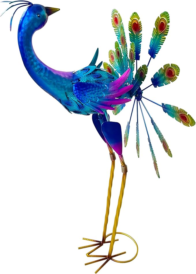 Metal Peacock Garden Statue, 36-Inch Iridescent Blue Purple Outdoor Sculpture, Decorative Lawn Art with Stand