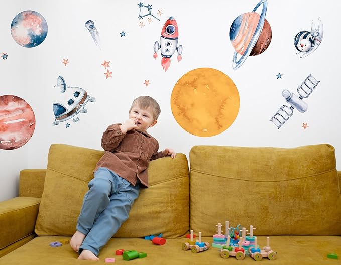 Solar System Wall Decals for Kids - Planets and Space Themed Wall Stickers by Lipastick - Peel and Stick Vinyl Decals for Boys and Girls Bedroom, Nursery, Playroom - Wall Stickers for Girls Room