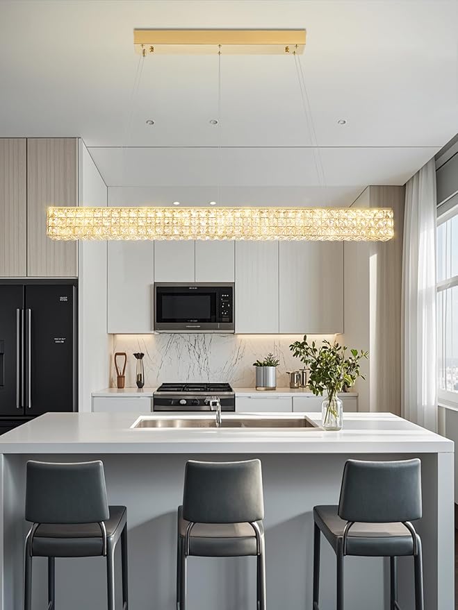W48 Rectangular Gold Crystal Chandelier Modern Rectangle Pendant Ceiling Light