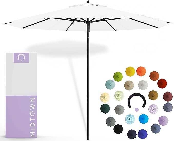 Midtown Umbrellas Push and Pop 10 Feet Outdoor Umbrella, Ivory (White) Polyester Fabric - Fiberglass Ribs Deck Patio Umbrella, Backyard Umbrella, Garden Umbrella & Pool Umbrella - Black Pole