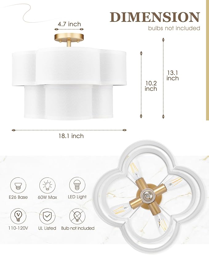 Gold Semi Flush Mount Ceiling Light, 5-Light 18" Ceiling Light Fixtures