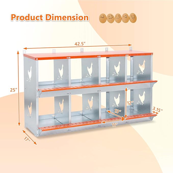 Chicken Nesting Boxes, 8 Rooms Hens Nest Box, Metal Poultry Nest Box Wall Mount for Chickens Egg Laying Box Collection Vented Holes Chicken Coop Cages Equipment, Orange (8 Rooms)