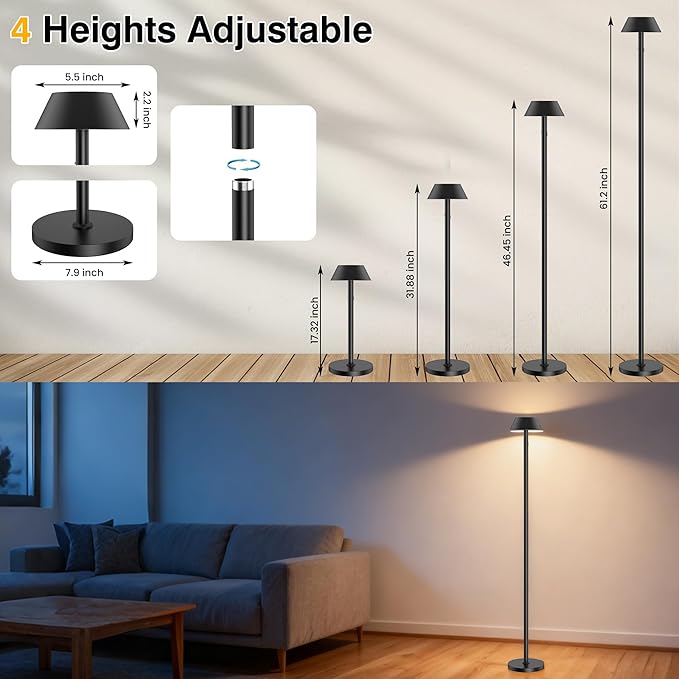 Portable Cordless Floor Lamp | Adjustable Height Reading Lamps Floor Standing |