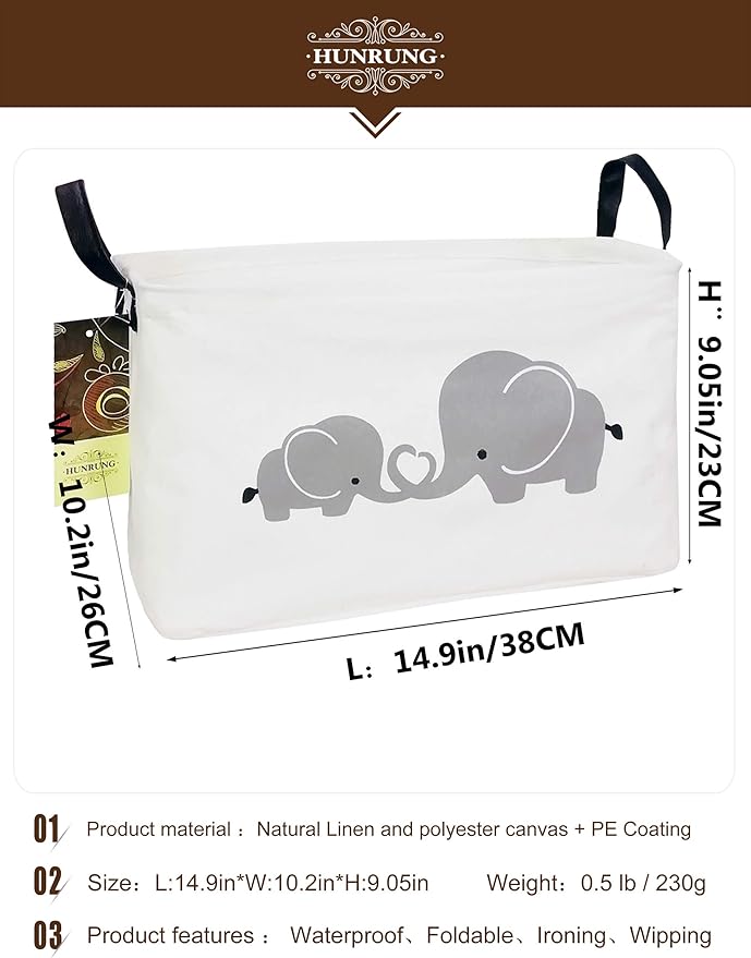 HUNRUNG Rectangle Storage Basket Cute Canvas Organizer Bin for Pet/Children Toys, Books, Clothes Perfect for Rooms/Playroom(Elephant)