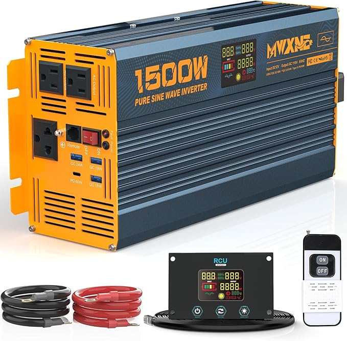 1500W/3000W(Peak) Power Inverter Pure Sine Wave DC 12V to 110V 120V AC Converter 3 AC Outlets Car Inverters with 4 USB Fast Charging Ports, LCD Display and Remote Controller for Truck RV