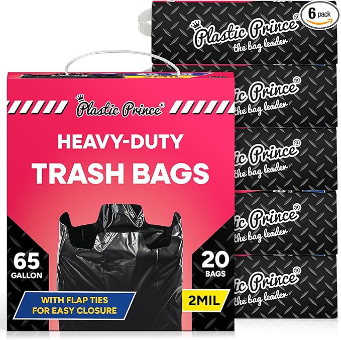 64-65 Gallon Trash Bags Heavy Duty with Flap Ties Extra Large Garbage Bags 2 Mil Outdoor Trash Bags 43 x 49 Trash Can Liners, Black Pack of 120, 6 Boxes of 20 Bags