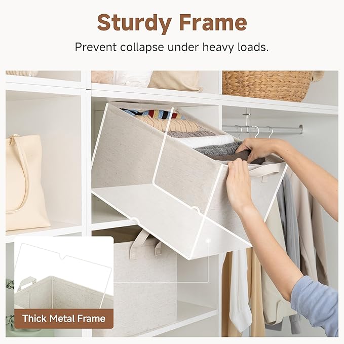 StorageWorks Storage Bins, Shelves Baskets for Organizing, 45L Extra Large Fabric Closet Organizers with Handles, Metal Frame, Beige（Cotton-linen）, 2-Pack
