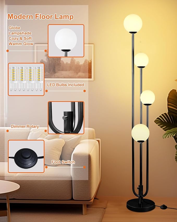 63IN 4-Light Dimmable Floor Lamp, Unique Black Tall Standing Lamps