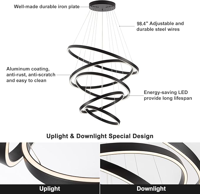 Elegant 5-Rings Black Modern LED Chandelier – Fully Dimmable High Ceiling