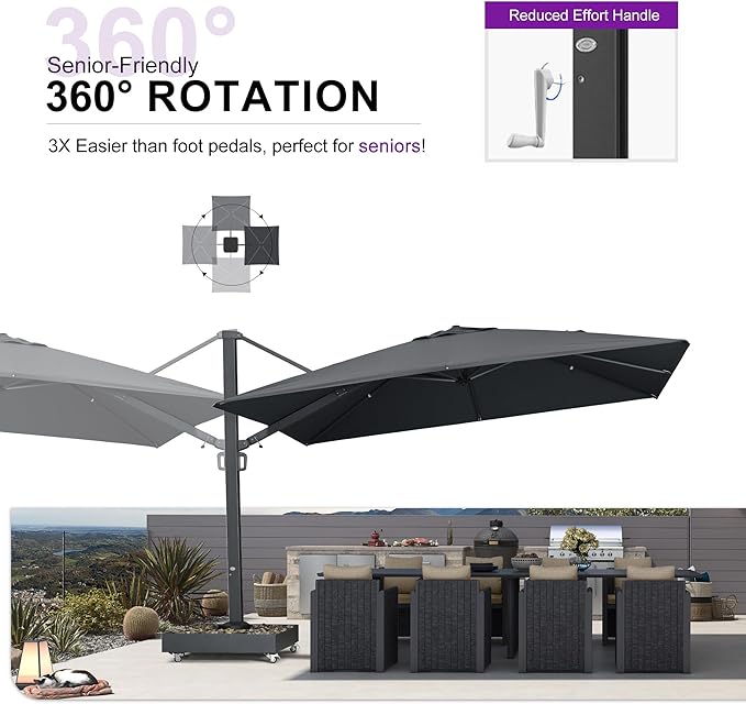 PURPLE LEAF 12' X 9' Rectangle Patio Umbrella with Base Included Large Outdoor Aluminum Offset Umbrella with 360-degree Rotation Cantilever Umbrella for Garden Deck Backyard Pool Grey