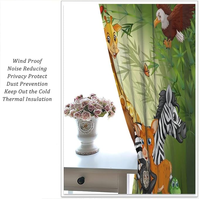Cartoon Animal Curtains, Cute Animals Bamboo Forest Blackout Window Treatments, Rod Pocket Thermal Insulated Drapes 2 Panel Sets for Kids Room Nursery Classroom, 63" W X 63" L