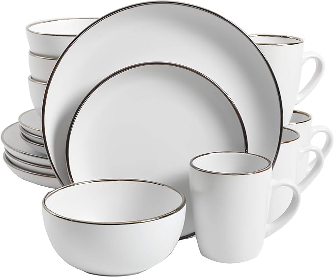 Gibson Home Rockaway Round Stoneware Dinnerware Set, Service for 4 (16pcs), Matte White/Metallic Rim