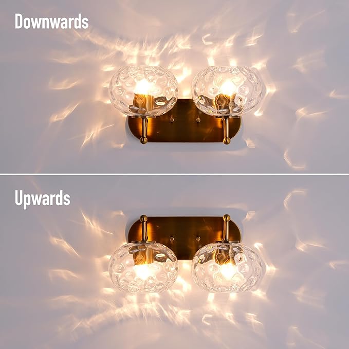 Brushed Gold Vanity Light Clear Hammered Glass Wall Sconce 2-Light Brass Wall
