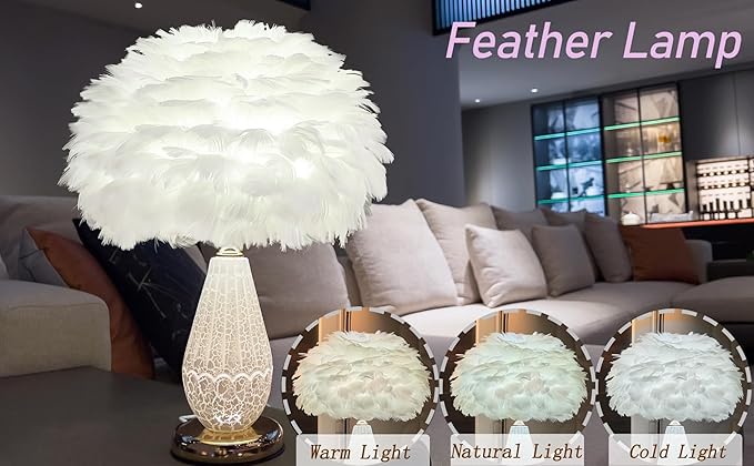 Feather Table Lamp with Cracked Ice Glass Bottle & Gold Base, 2 Separate Lights