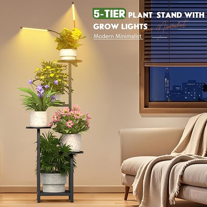 TOSKING 48" Tall Plant Stand with Grow Lights - 5-Tier Corner Plant Shelf with LED Full Spectrum Lights with Dimmer & Timer, Multi-Functional Corner Plant Stand for Home, Office, Balcony (Grow Light 5 Tier-Black)