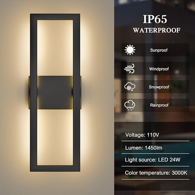 Krychiler 22 Inch Modern LED Outdoor Wall Sconce, Rectangle Integrated LED Wall