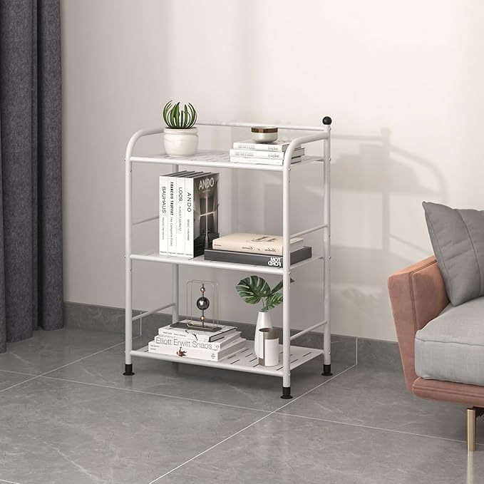 3 Tier Bathroom Storage Open Shelf Unit, Free-Standing Matte Metal Corner Rack Shelving for Kitchen, Living Room, Hallway (Matte White, 3 Tier)