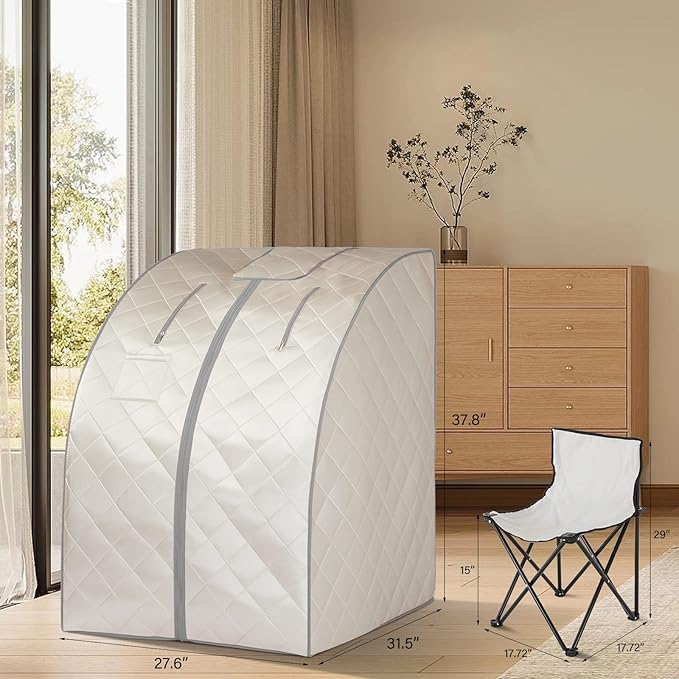 Smartmak Far Infrared Sauna, Full Body One Person Portable SPA Set with Time & Tempreture Remote Control, Heating Foot Pad and Foldable Reinforced Chair (L 27.6’’ x W 31.5’’ x H 37.8’’)- Beige