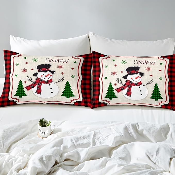 Manfei Cute Snowman Duvet Cover Set Twin Size, Xmas Trees Snowflake Comforter Cover with 1 Pillowcase, Christmas Theme Red Plaid Bedding Set 2pcs for Kids Girls New Year Bedspread Cover,No Comforter