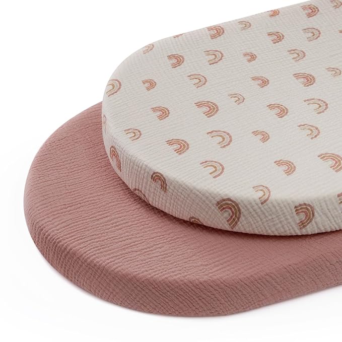 Blissful Diary Muslin Bassinet Sheets for Baby Girls Boys, Boho Soft Cotton Fitted for Oval Hourglass Rectangle Mattress, 2 Pack(Dusty Pink&Rainbow)