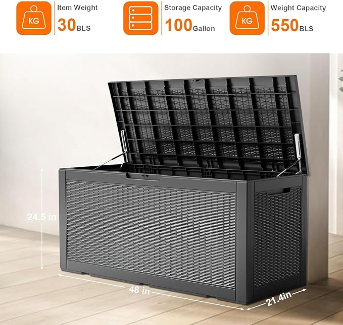 100 Gallon Deck Box,Resin Outdoor Storage Box with Lockable for Patio Furniture, Pool Accessories, Garden Tools Waterproof Outside Storage Box, Black Pattern
