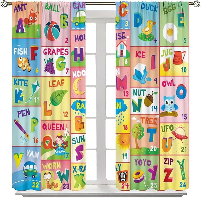 Colorful ABC Classroom Nursery Curtains Kids Alphabet Learning Baby Boys Girls Curtain with Rod Pocket for Children Toddler Playroom Home Drapes Window Treatments 2 Panels Set 72" W X 63" L