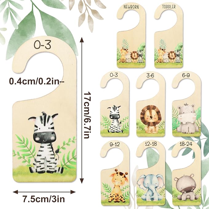 Whaline 8Pcs Baby Closet Size Dividers Watercolor Safari Animals Hanging Wooden Baby Closet Organizer Newborn to 24 Months Thicken Baby Wardrobe Organizer