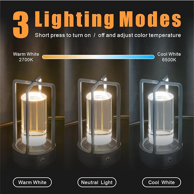 Rechargeable Table Lamp Cordless, 3 Color | Crystal | Stepless Dimming