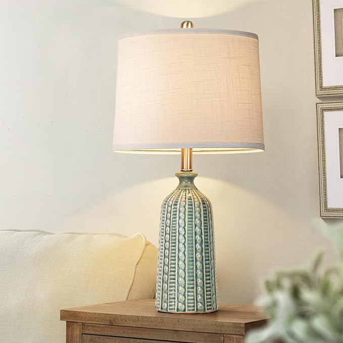 Green Ceramic Table Lamp 24.5": 3-Way Dimmable Nightstand Lamp