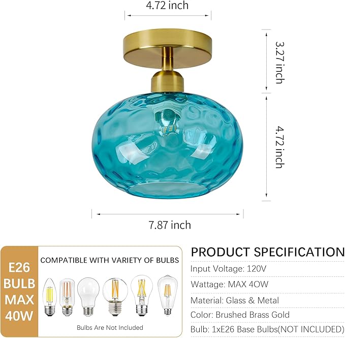Blue Glass Semi Flush Mount Ceiling Light