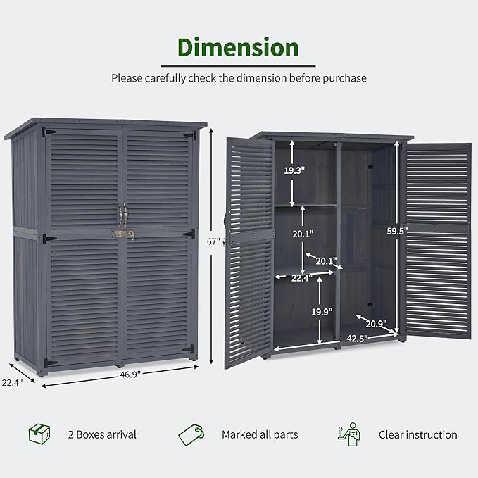 MCombo Outdoor Storage Cabinet, Wooden Storage Shed with Latch, Outside Garden Tool Shed with 2 Doors for Patio Yard Lawn, 1900 (Grey, Large)