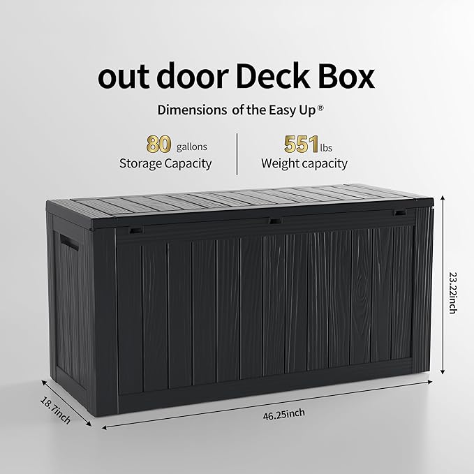 TARKARI 80 Gallon Lockable Resin Deck Box, Waterproof & UV-Resistant Outdoor Storage Box for Outdoor Cushion Storage, Garden Tools & Pool Accessories Storage, Black