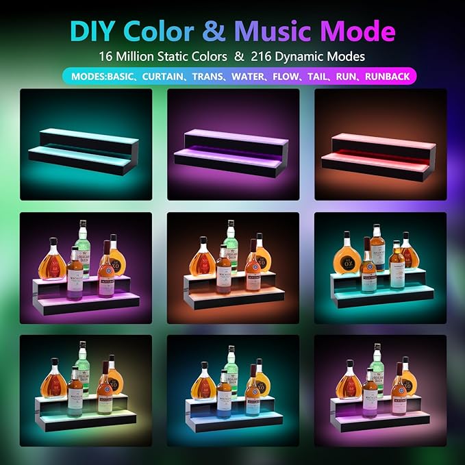 Led Lighted Liquor Bottle Display Shelf, 24 Inch 2 Tier Whiskey Rack, Support
