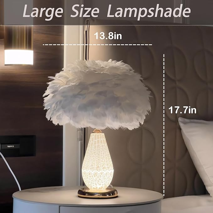 Feather Table Lamp with Cracked Ice Glass Bottle & Gold Base, 2 Separate Lights