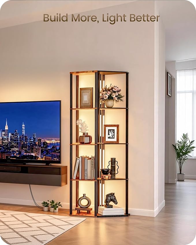 64.2" Display Shelf with Light, Modern Corner Floor Lampe with Shelves