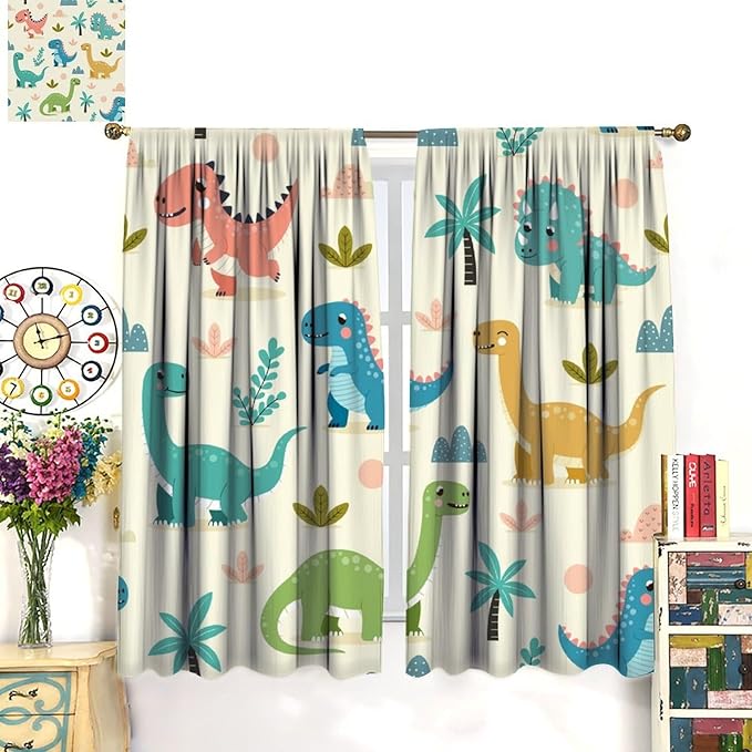 Fun Dino Curtains, Cute Colorful Dinosaur Pattern Window Treatments, Rod Pocket Thermal Insulated Drapes 2 Panel Sets for Children Boys Bedroom Nursery Classroom, 42" W X 45" L【Decor】