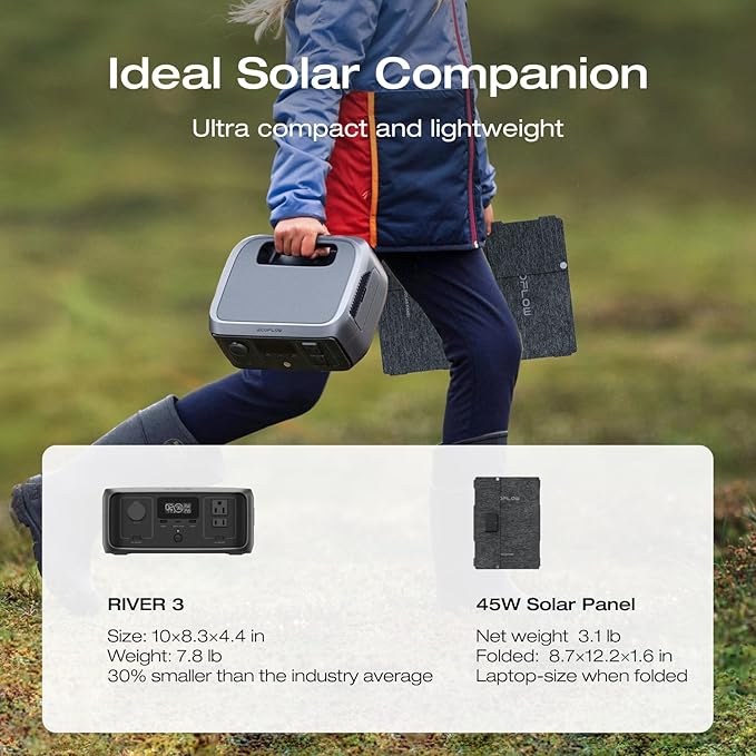 EF ECOFLOW Solar Generator RIVER 3 with 45W Solar Panel, 245Wh Portable Power Station LiFePO4 Battery, 300W Up to 600W AC Output, <20 MS UPS, 1Hr Fast Charging Power Station for Outdoor/Camping/RVs