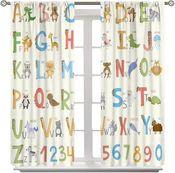 Kids Alphabet Curtains Funny Letter Education Cute Cartoon Animal Printed Curtain with Rod Pocket for Bedroom Living Room Home Decor Drapes Window Treatments 2 Panels Set 63" W X 72" L