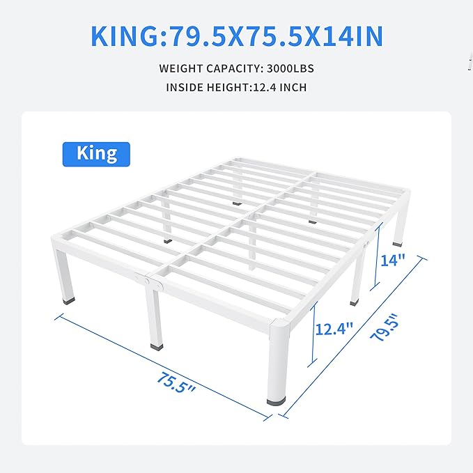 MAF 14 Inch King Metal Platform Bed Frame White with Round Corner Legs, 3000 LBS Heavy Duty Steel Slats Support, Noise Free, No Box Spring Needed, Easy Assembly